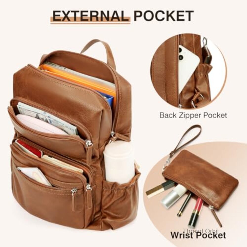 Vintage PU Leather Backpack with Wristlet, 14-Inch Laptop Sleeve, 8 Pockets - Picture 5 of 6